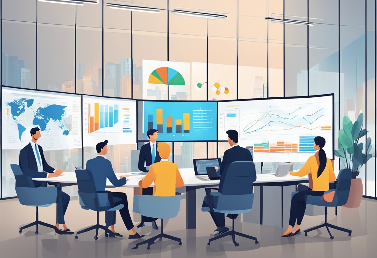 A group of government officials discussing salary reforms in a modern office setting with charts and graphs displayed on a large screen