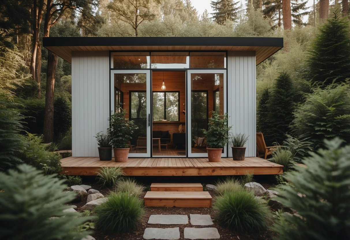 A cozy tiny house nestled in a serene natural setting, surrounded by lush greenery and minimalistic decor, showcasing the simplicity and affordability of tiny living