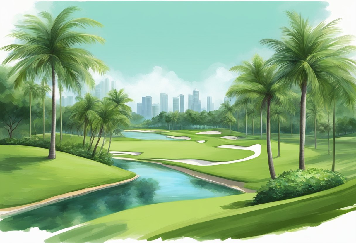 Lush green fairways stretch into the distance, bordered by palm trees and sparkling water hazards at the Singapore Island Country Club