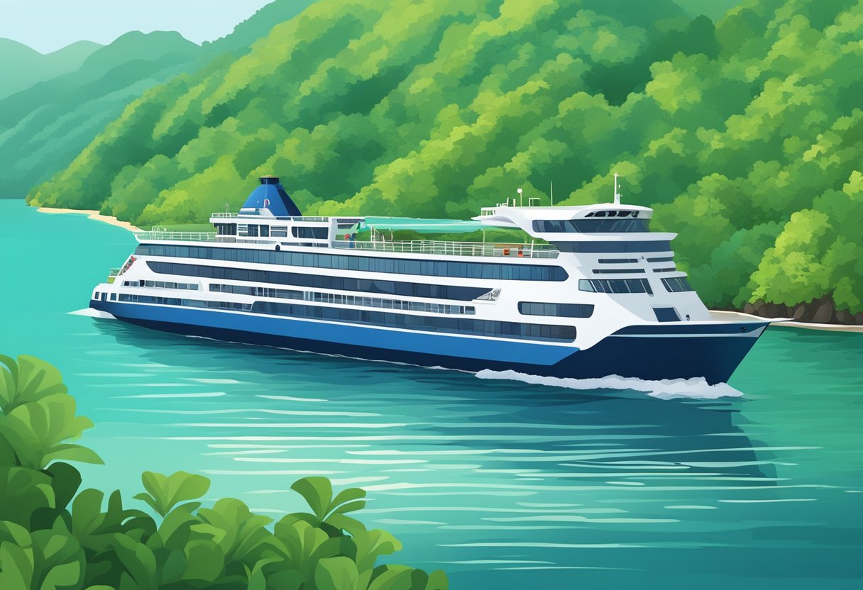 A ferry sails from Singapore to Tioman Island, passing through clear blue waters and lush green islands