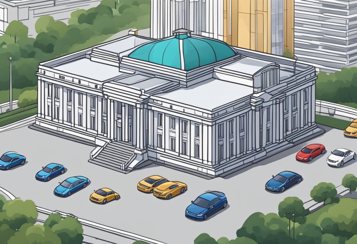 A grand government building with a Singaporean flag flying high. A line of luxury cars parked outside, symbolizing the high salaries of government ministers
