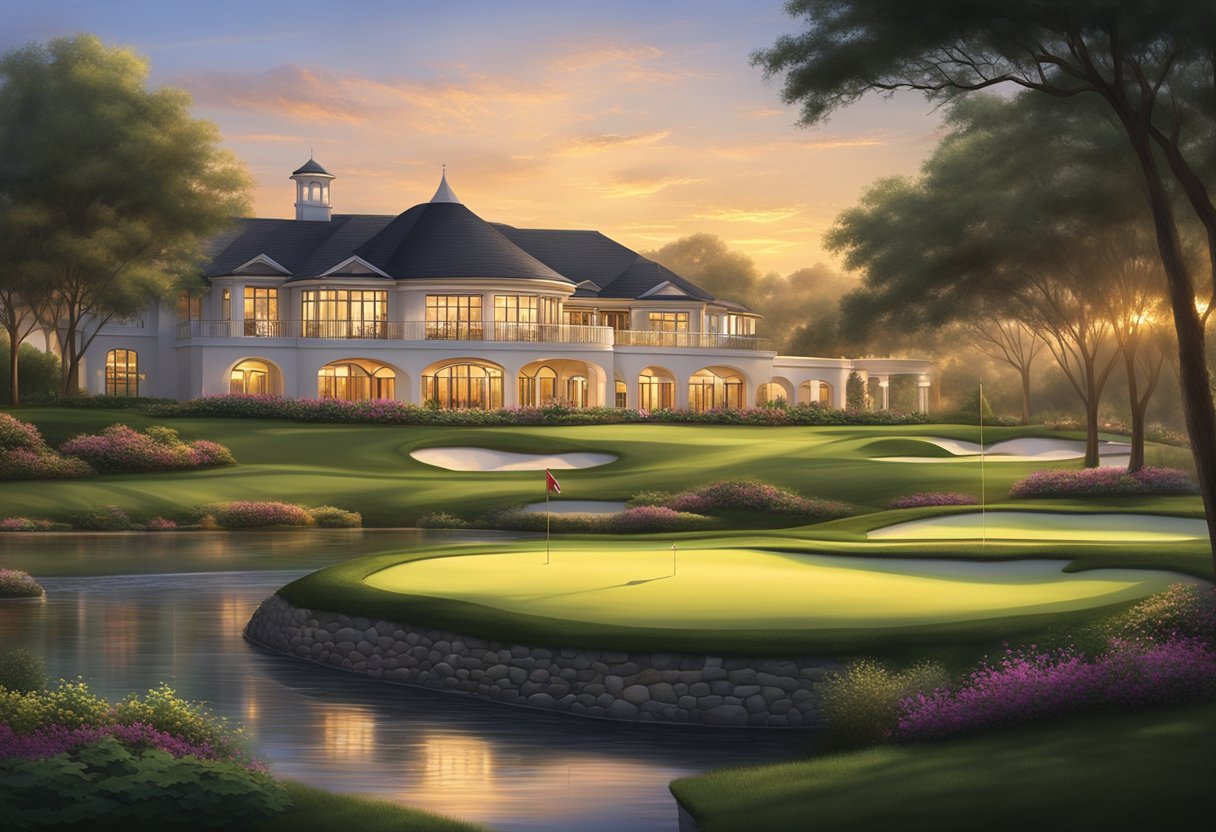 The sun sets over the sprawling golf course, as the elegant clubhouse stands tall, surrounded by lush greenery and tranquil water features
