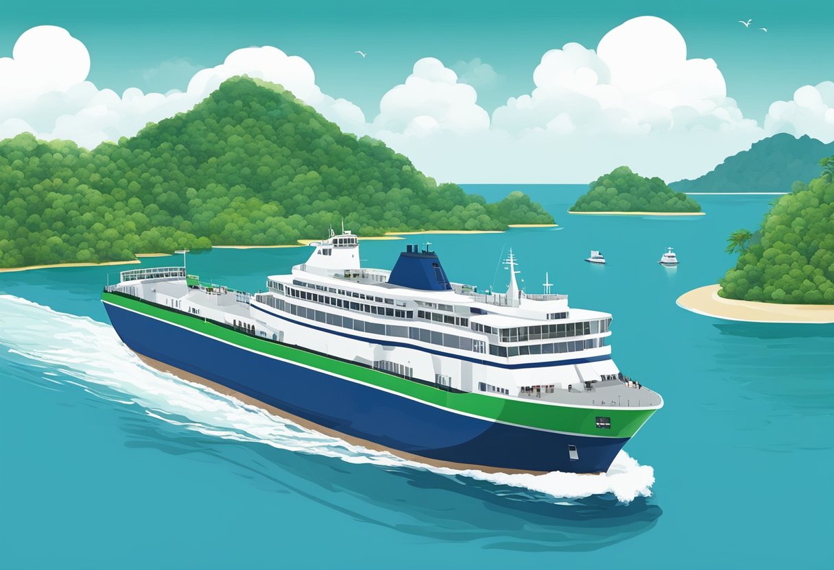 Ferry departing from Singapore harbor to Tioman Island. Blue sea, green islands, and clear sky in the background