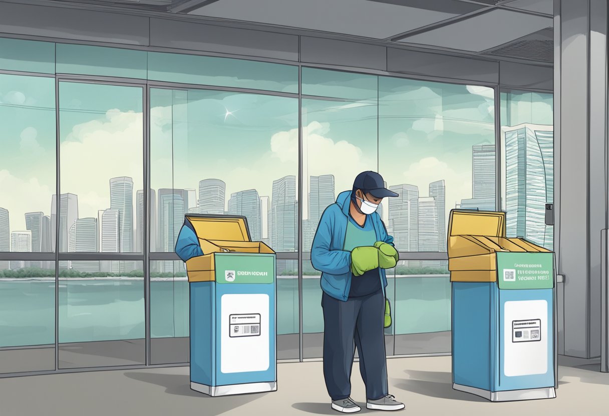 A person collects a face mask from a designated collection point in Singapore