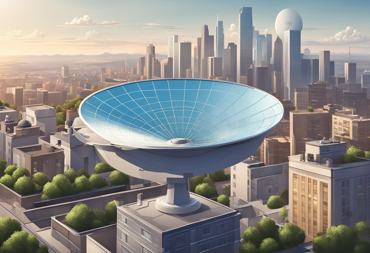 A radar dish rotating on a rooftop, with the city skyline in the background