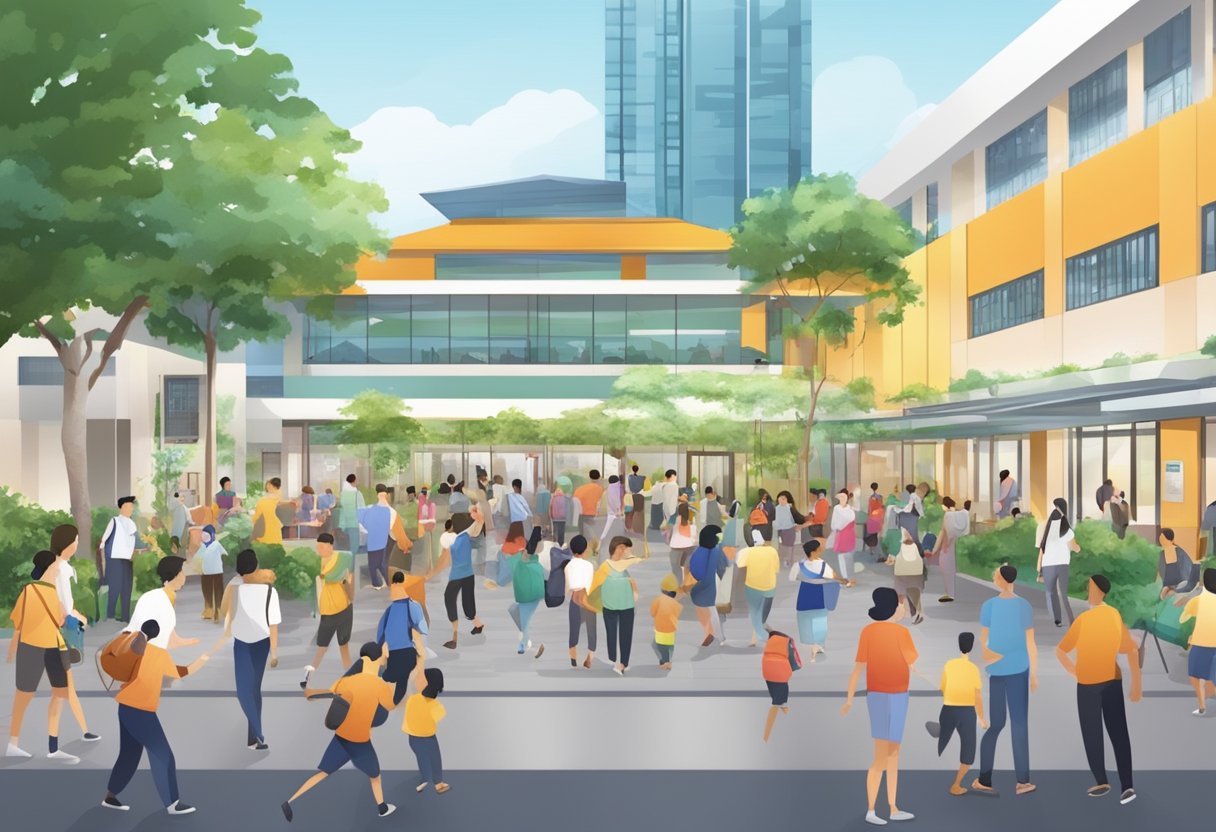 A bustling community center in Singapore with diverse activities and people coming together