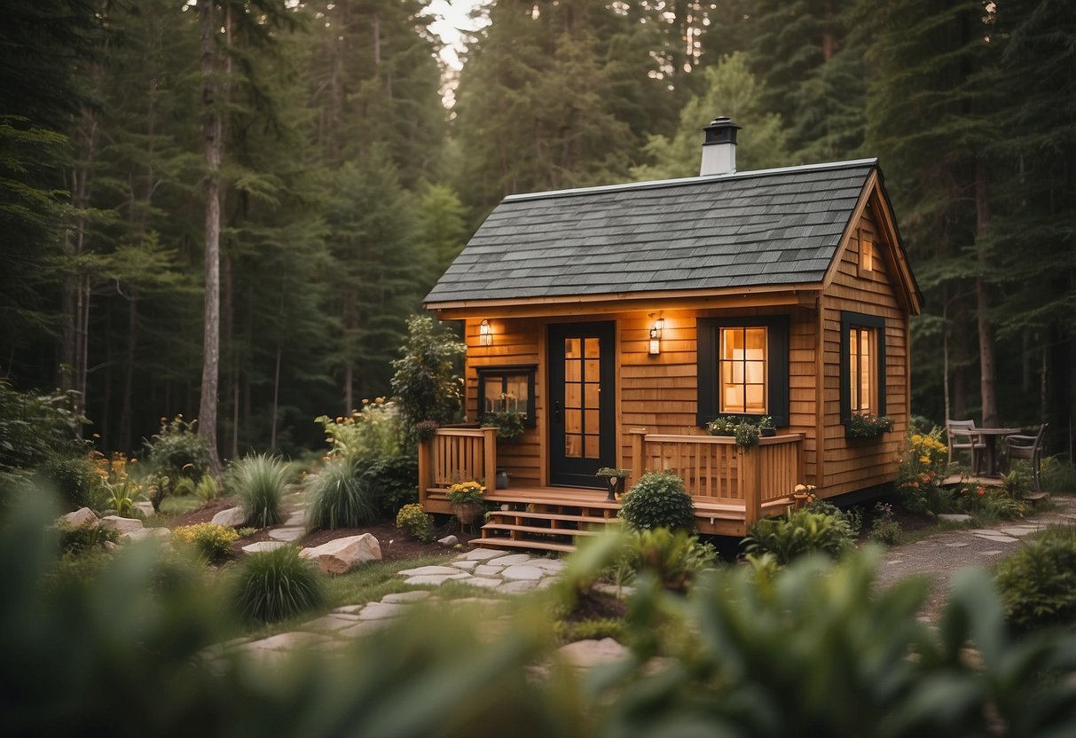 A small, cozy tiny house surrounded by nature, with a sign reading "Frequently Asked Questions: Are tiny houses really cheaper?" displayed prominently