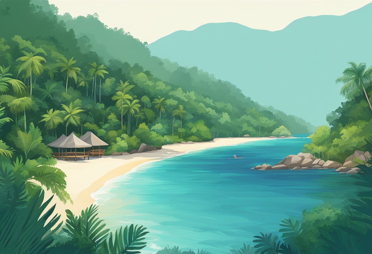The clear blue waters of Tioman Island lap gently against the white sandy shore, while lush green jungle foliage provides a picturesque backdrop for various outdoor activities