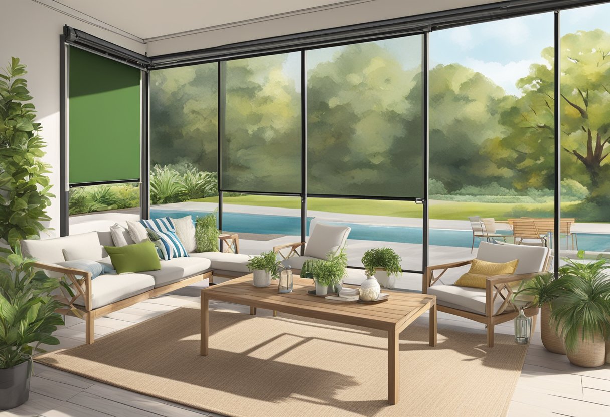 A sunny outdoor patio with Ziptrak blinds rolled down, creating a cozy and comfortable space with a view of the surrounding greenery