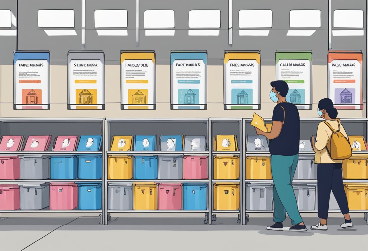 A row of collection bins labeled "Face Masks" in a public area in Singapore. People dropping off used masks