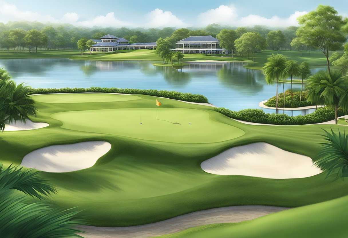 Lush green golf course, elegant clubhouse, and serene water features at Singapore Island Country Club