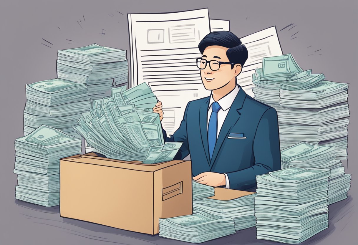 A Singaporean minister receiving a paycheck, surrounded by a stack of frequently asked questions about ministerial pay