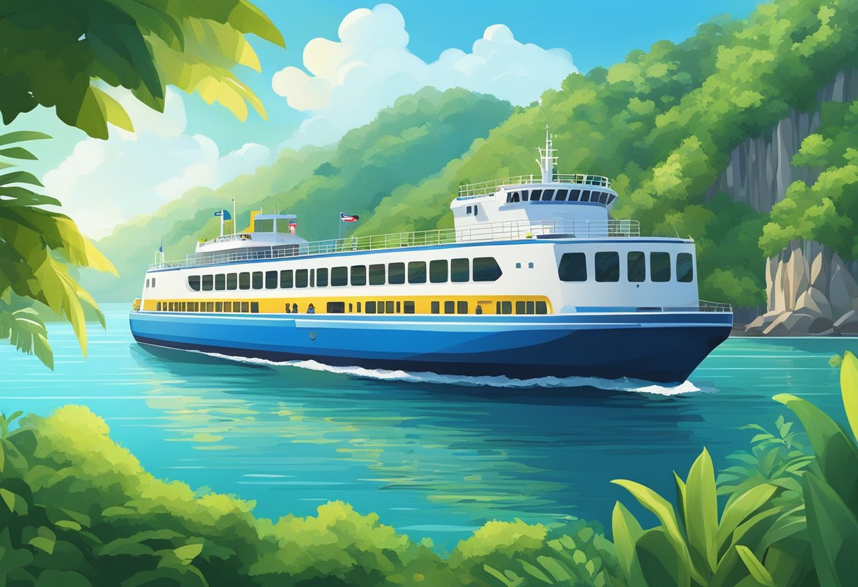 A ferry sails from Singapore to Tioman Island, passing by lush greenery and clear blue waters. The sun shines brightly in the sky, casting a warm glow over the picturesque landscape