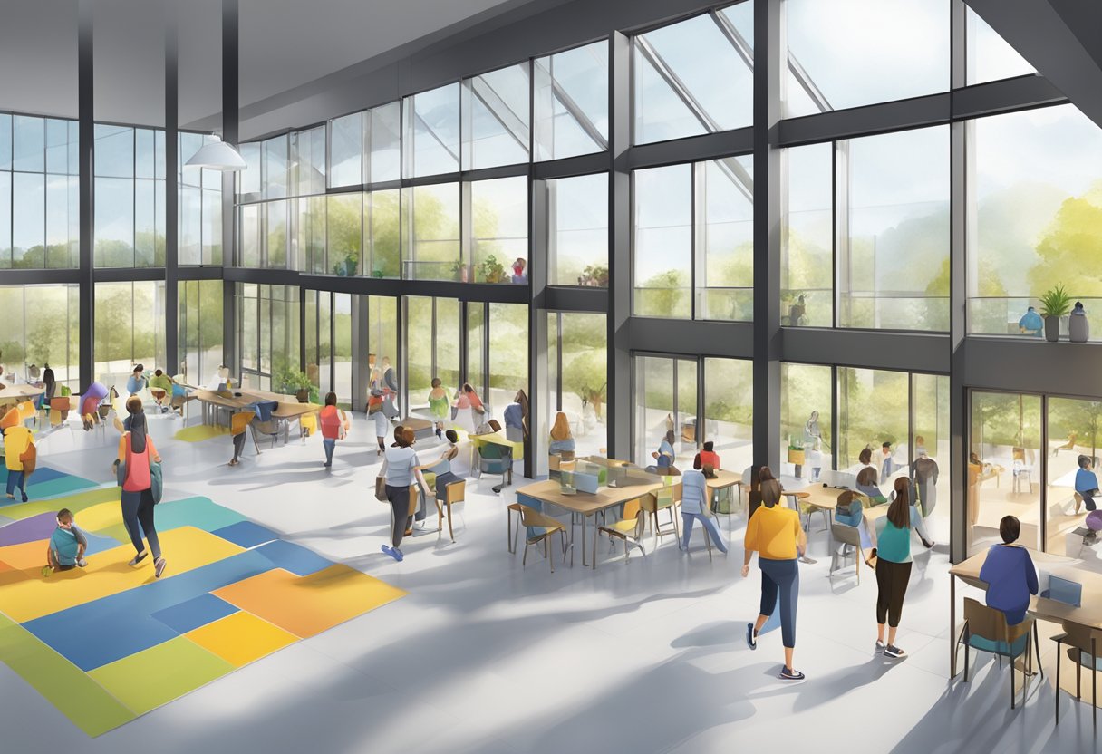 The community centre is bustling with activity, with people engaging in various programs and events. The building is modern and spacious, with large windows allowing natural light to fill the space. Outdoor areas are well-maintained, and there is a sense of inclus