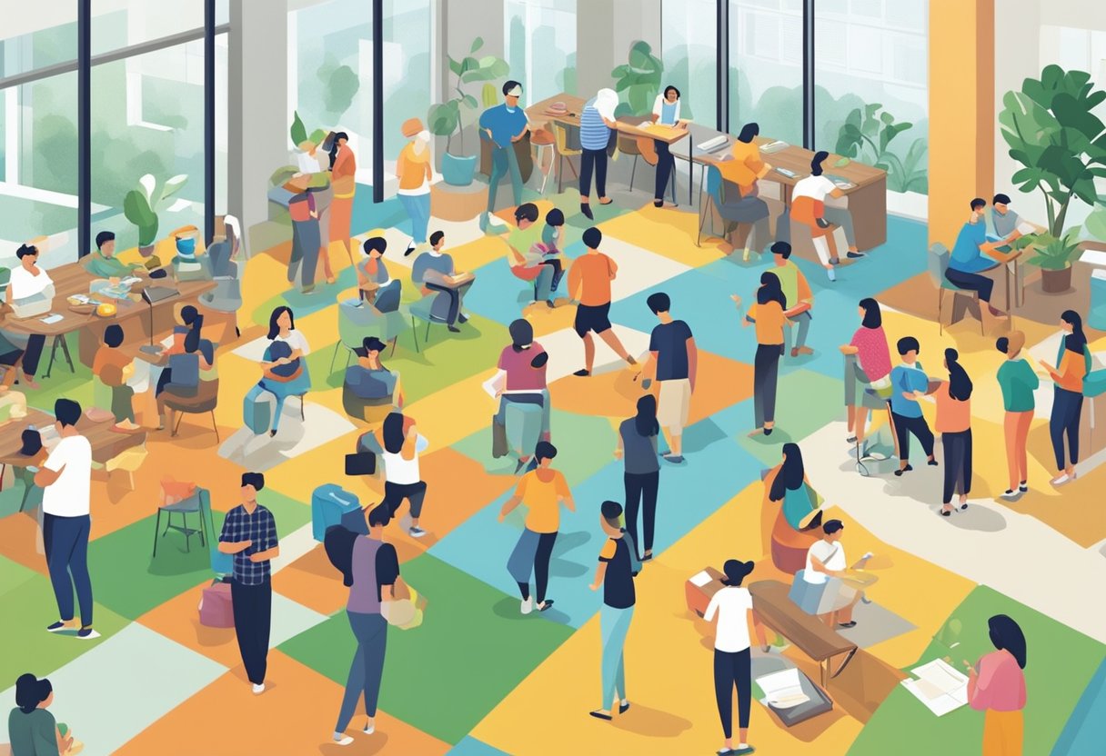 People engaging in various activities at a bustling community centre in Singapore. Classes, events, and social gatherings create a lively and inclusive atmosphere