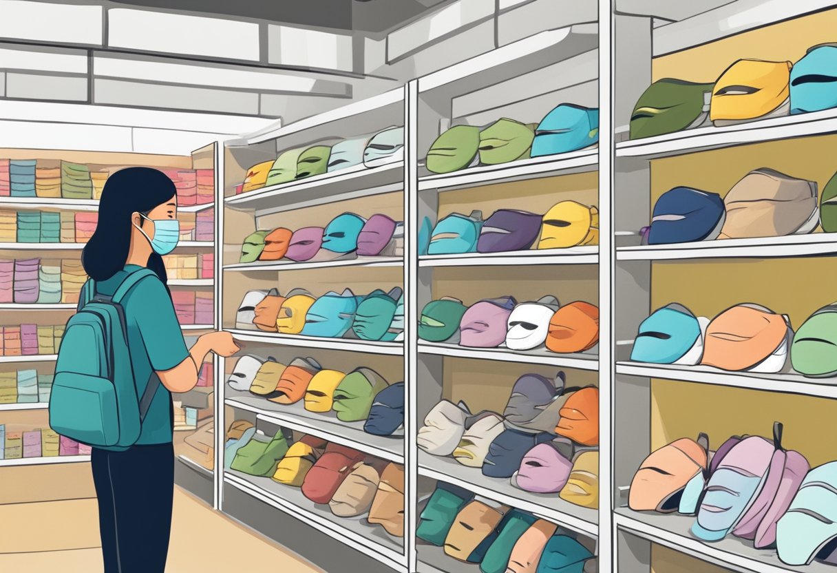 Various masks displayed on shelves in a Singapore store. Customers browsing and selecting different types of face masks