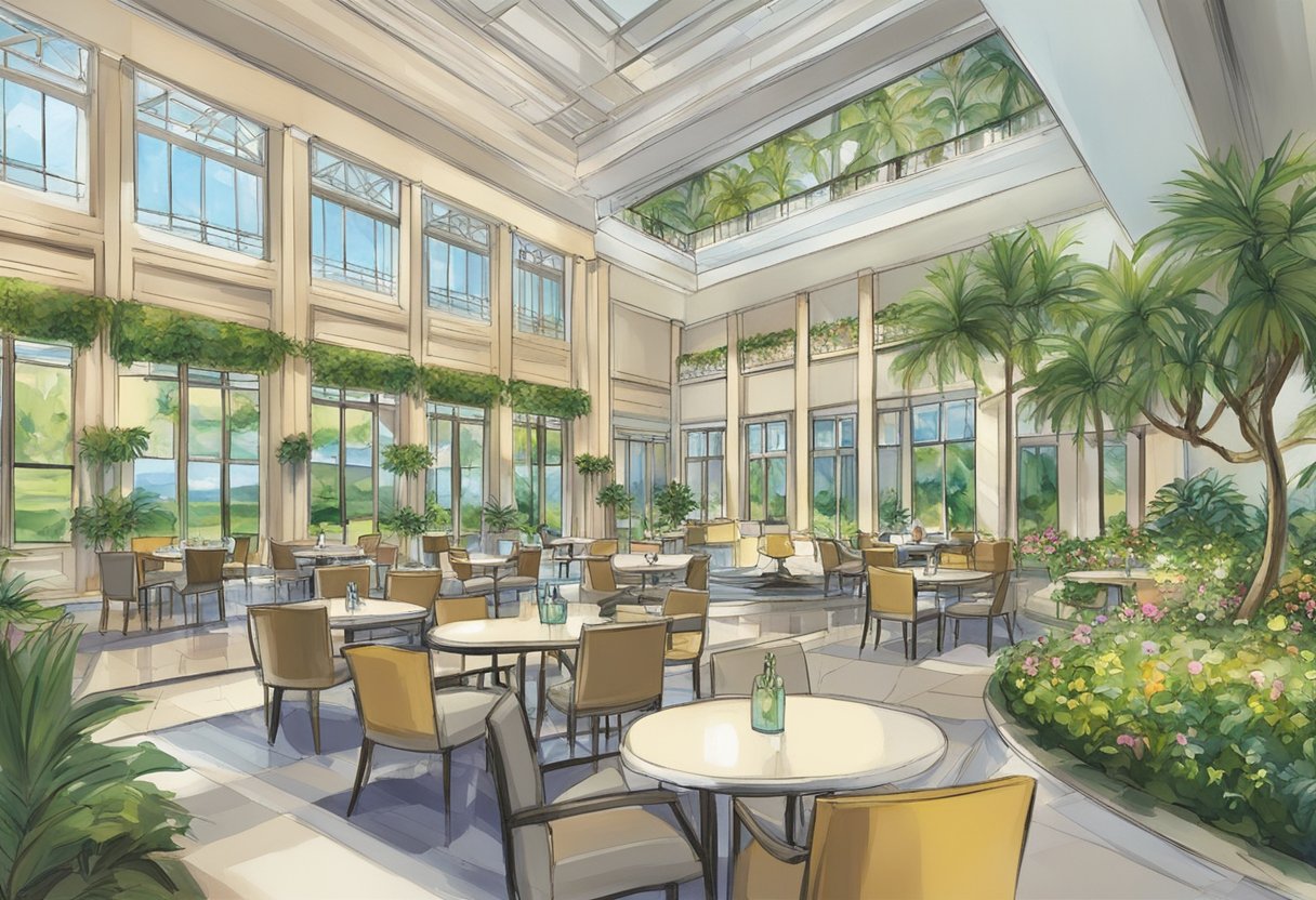 The Singapore Island Country Club is bustling with members and staff seeking information at the Frequently Asked Questions area. The serene surroundings and modern facilities provide a picturesque backdrop for the scene