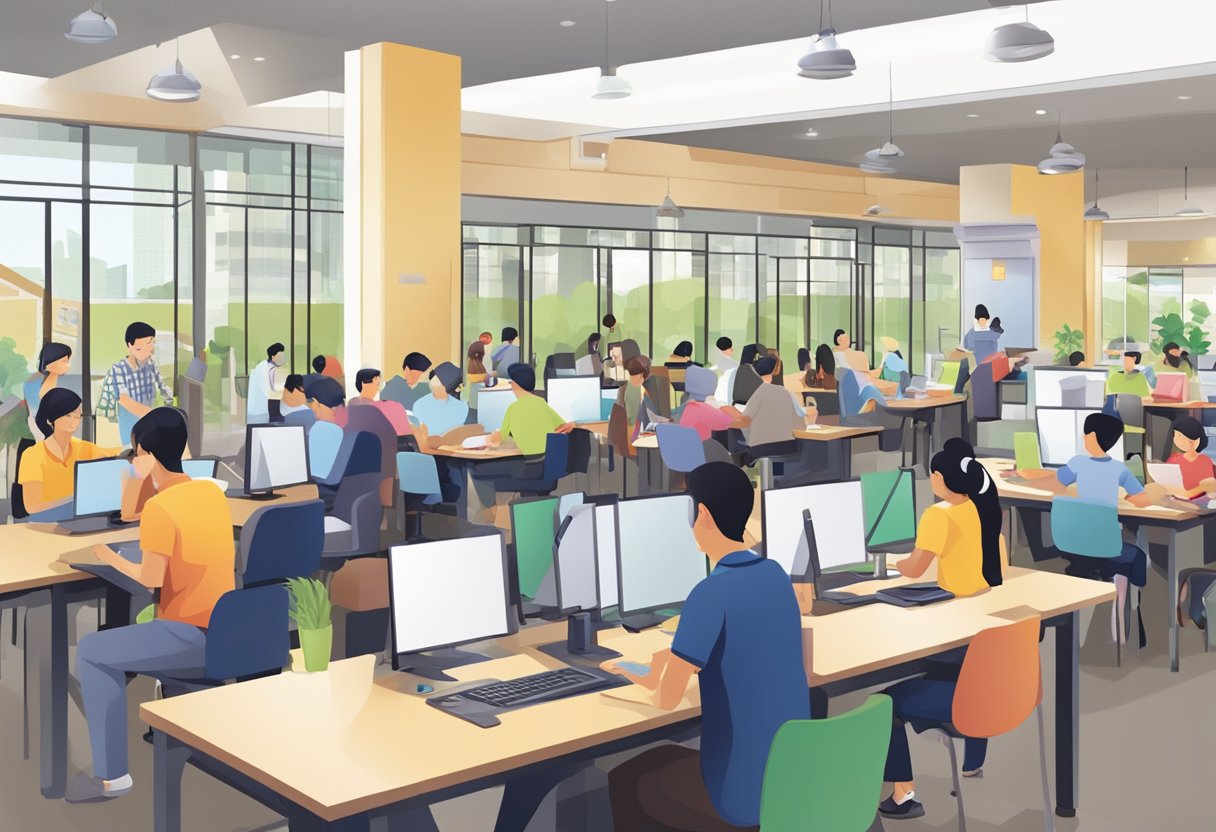A bustling community centre in Singapore, with people engaging in activities and seeking information at the Frequently Asked Questions desk