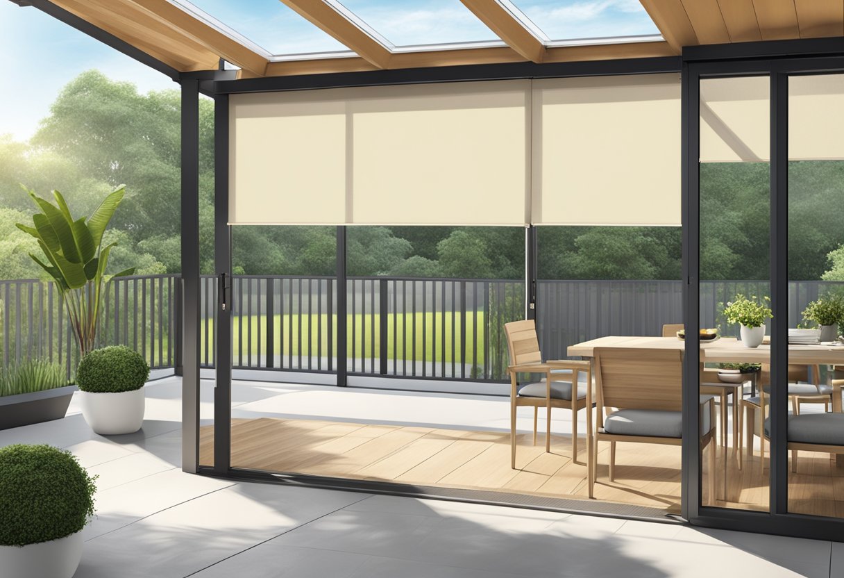 A sunny outdoor patio with Ziptrak blinds installed, showcasing their innovative design and benefits for Singaporean homes