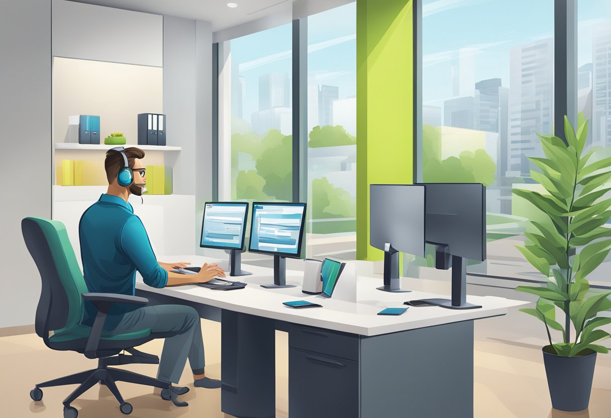 A customer service representative confidently answering questions about Ziptrak products in a bright and modern office setting