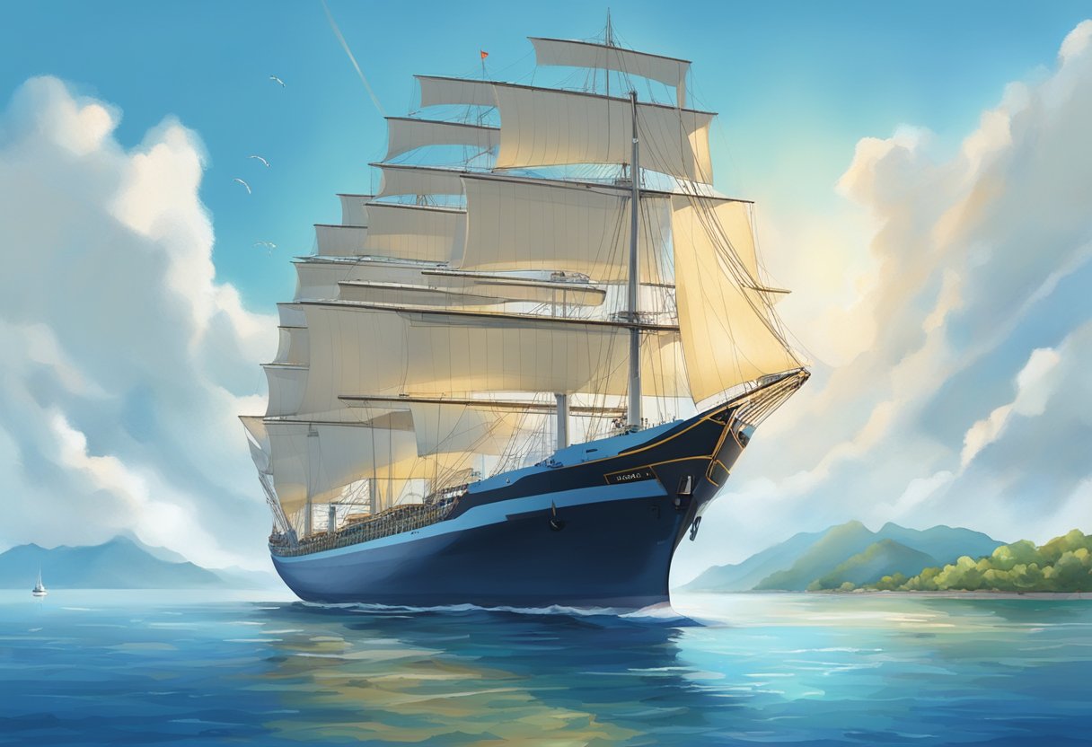 A ship sails from Singapore to Danang, passing through calm blue waters and under a clear sky with scattered clouds
