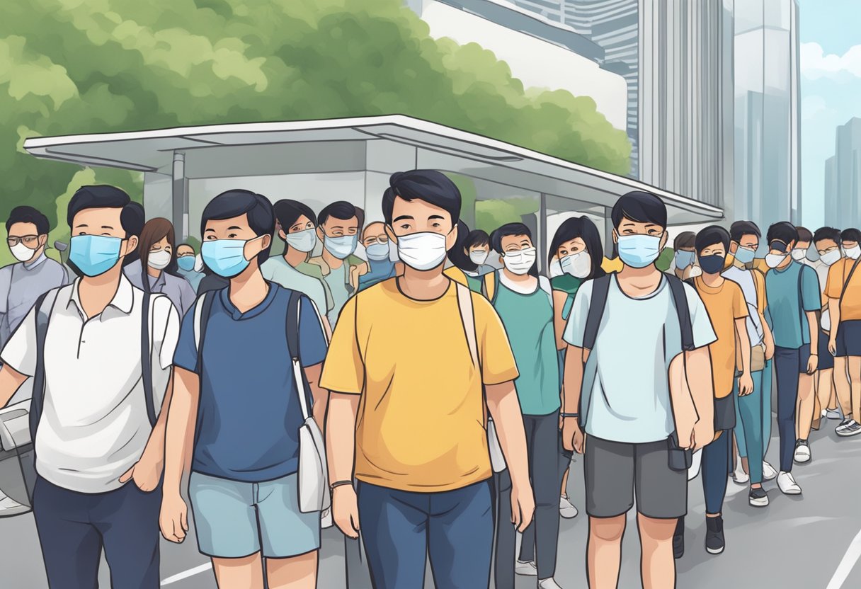 People lining up at a designated collection point for face masks in Singapore
