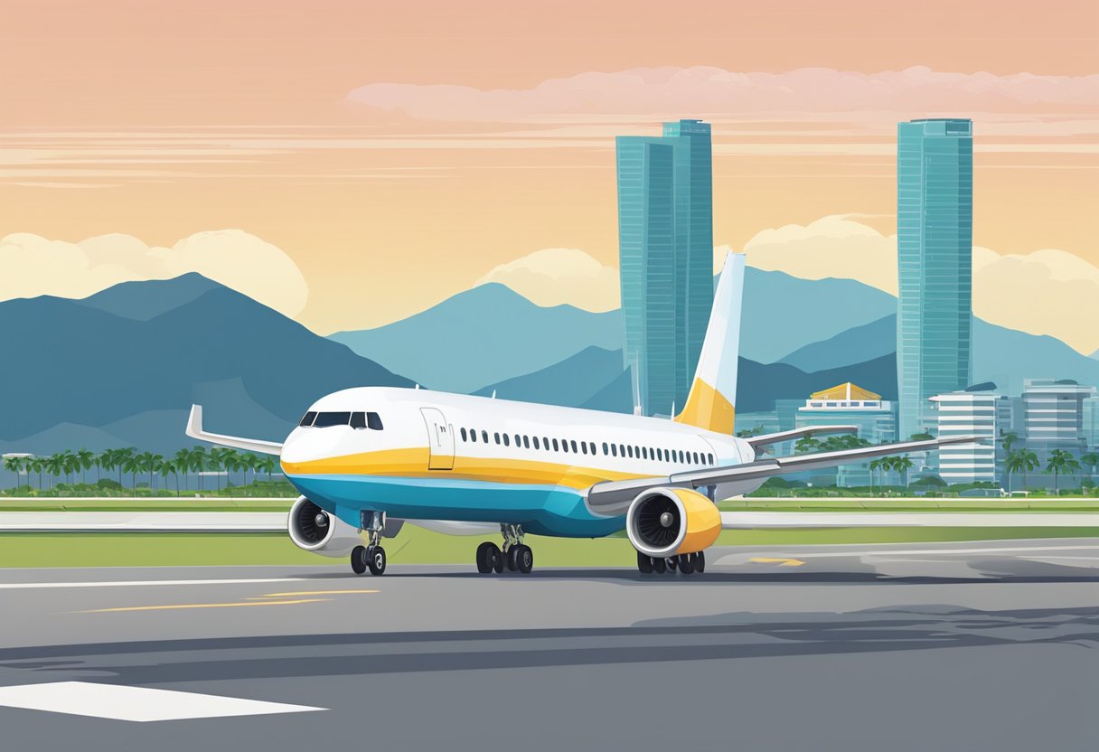A plane lands on the runway in Da Nang, with the city skyline in the background and mountains in the distance
