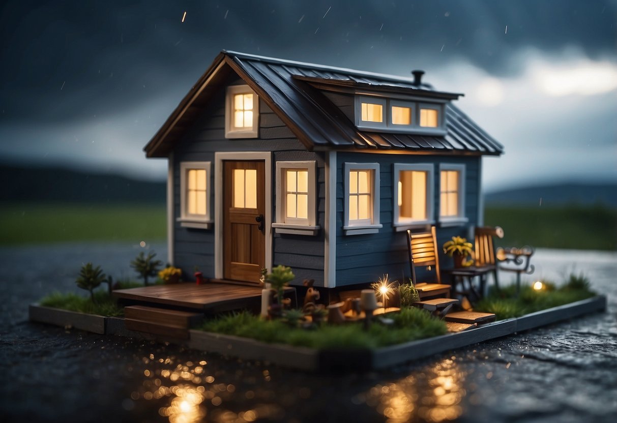 A sturdy tiny house stands firm amidst a raging storm, with reinforced walls and a secure foundation