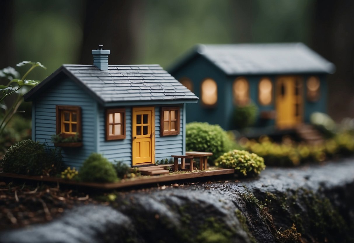 Tiny houses stand sturdy in a storm, surrounded by trees and equipped with reinforced foundations and storm shutters