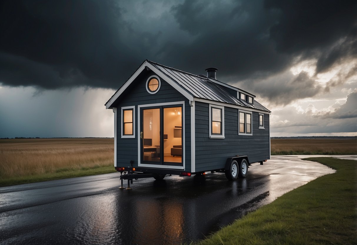 A sturdy tiny house withstands a powerful storm, surrounded by swirling winds and dark clouds