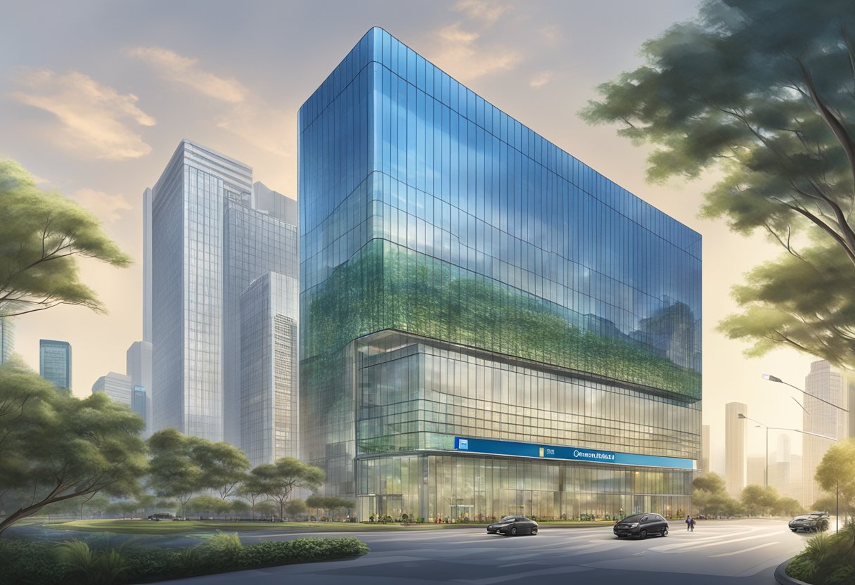 The Standard Chartered Bank Singapore building stands tall and modern against the city skyline, with its sleek glass exterior reflecting the surrounding urban landscape