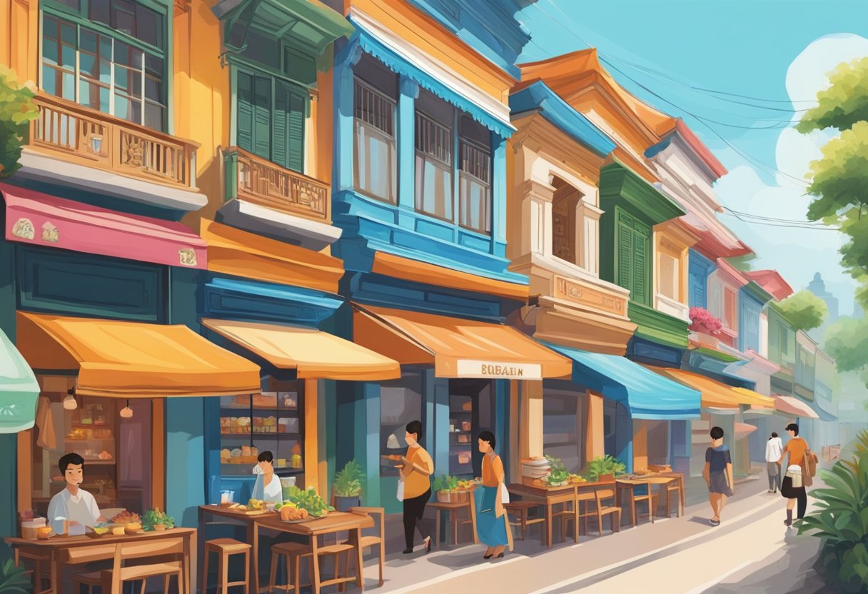 Colorful shophouses line a bustling street, each adorned with unique signage and vibrant decor. A diverse array of cuisines spills out onto the sidewalk, enticing passersby with tantalizing aromas