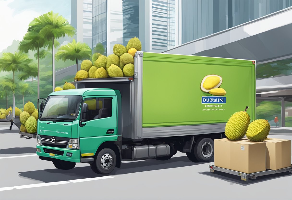 A delivery truck unloading boxes of durian in Singapore