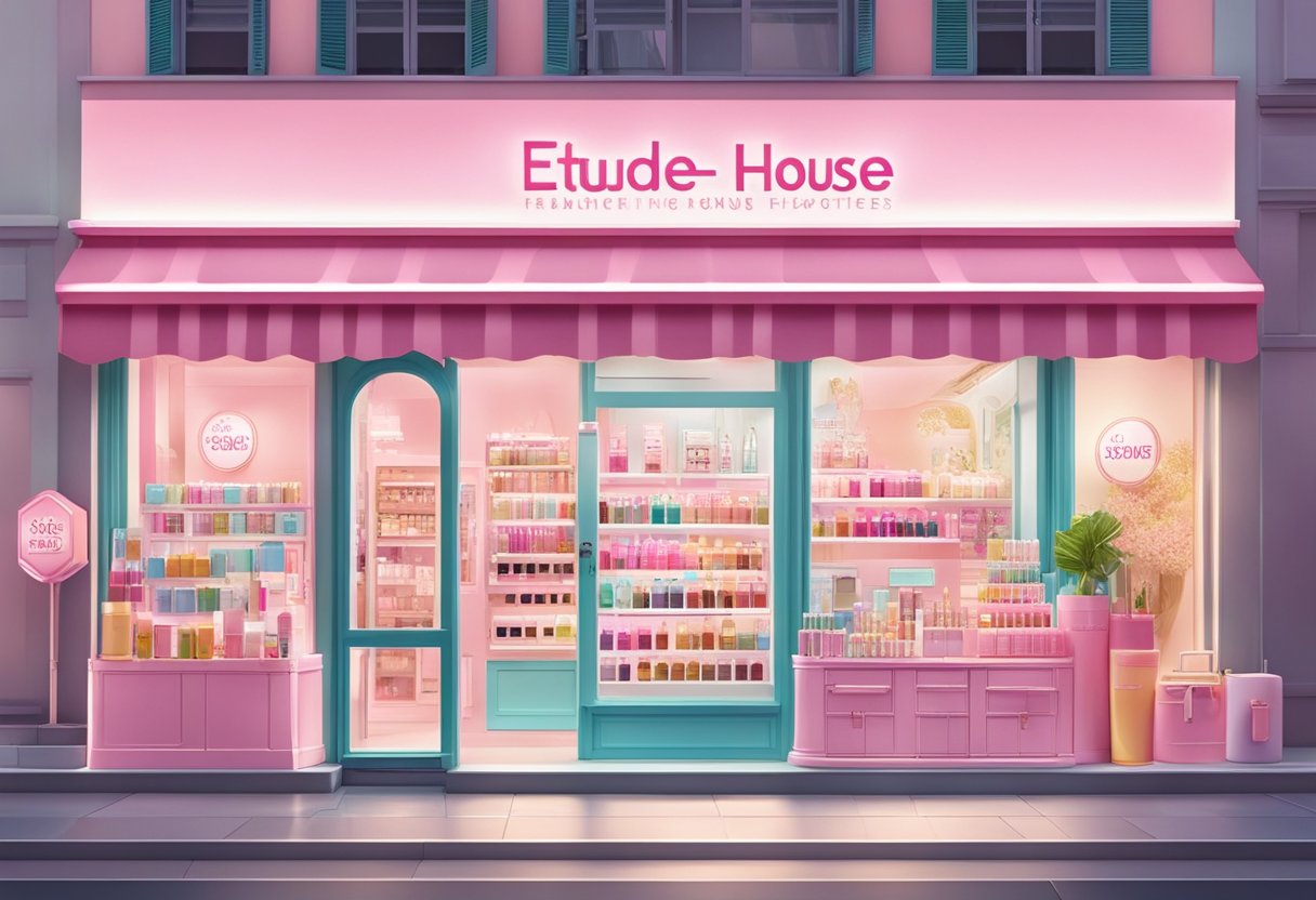 A colorful storefront with a large sign reading "Etude House Singapore" surrounded by vibrant cosmetics and beauty products displayed in the window