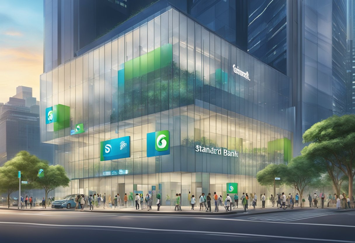 Standard Chartered Bank Singapore: Modern building with glass facade, prominent logo. Customers entering and exiting, ATM machines outside. Busy staff inside serving clients at teller windows and desks