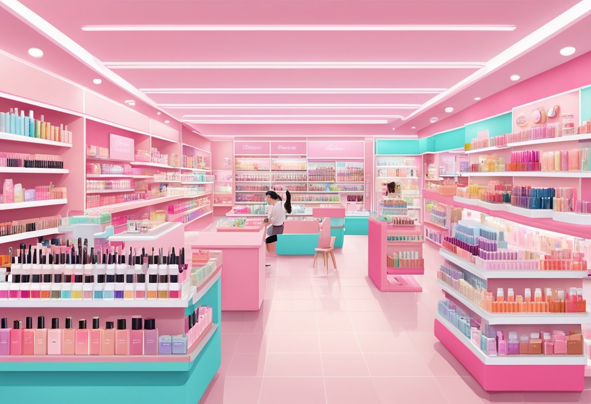 A colorful, bustling Etude House store in Singapore, with shelves of vibrant makeup and skincare products, customers browsing, and staff assisting