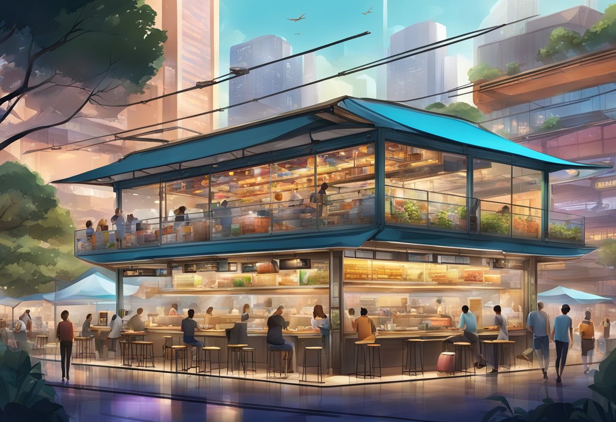 A bustling hawker center with diverse food stalls, a futuristic restaurant in the sky, and a themed dining experience in a shipping container
