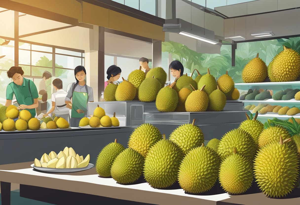 A table displays various durian varieties in Singapore. Customers browse and select their choices for durian delivery