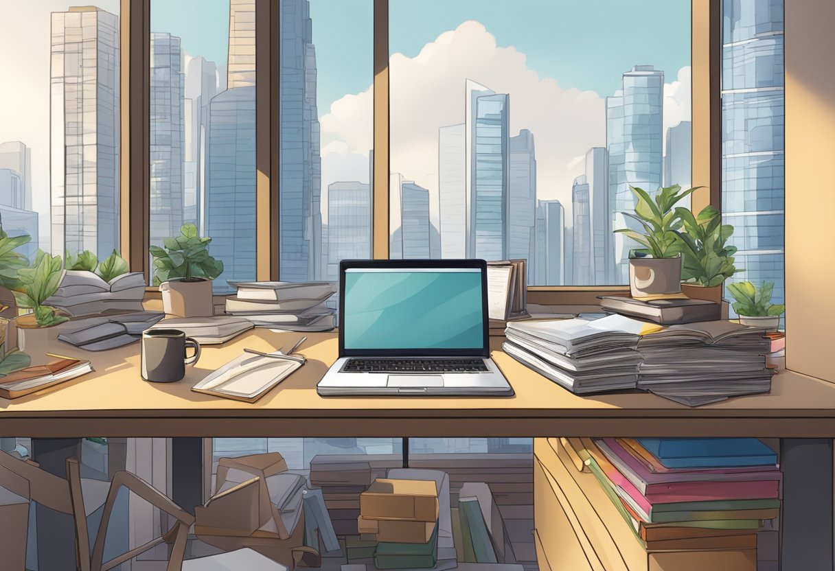 A cluttered study table in Singapore with books, a laptop, a mug, and a city view through the window