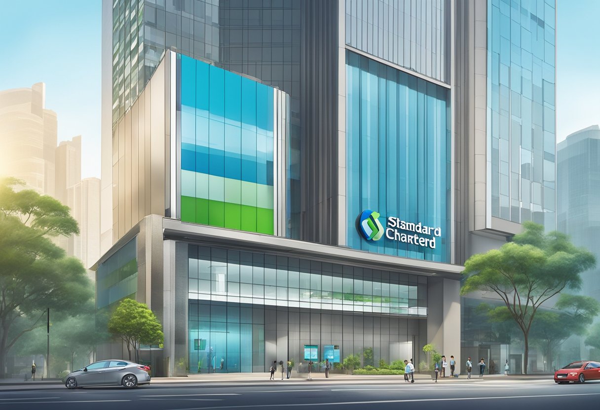 Standard Chartered Bank Singapore: A modern, sleek building with the bank's logo prominently displayed. Clear signage and a professional, organized atmosphere