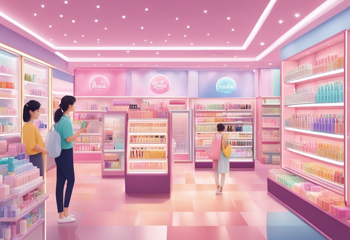 Customers browsing colorful cosmetics at Etude House Singapore, with shelves filled with skincare and makeup products. Bright lights and cheerful atmosphere
