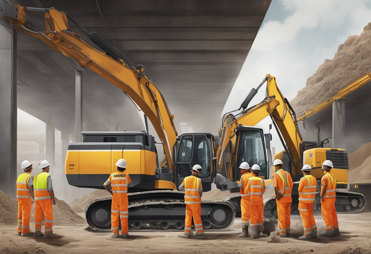 A group of workers in high-visibility clothing gather around heavy machinery on a dusty construction site in Australia