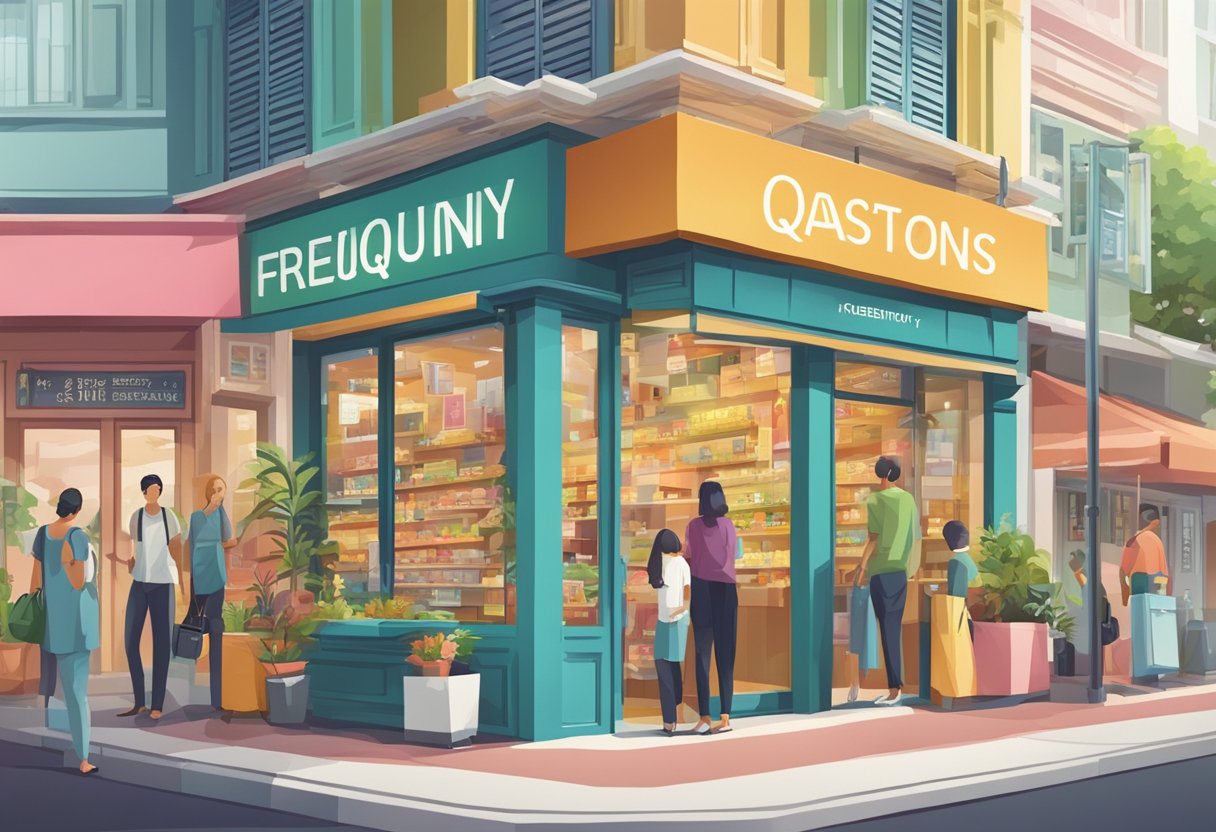 A colorful storefront with "Frequently Asked Questions" displayed prominently, surrounded by bustling streets in Singapore