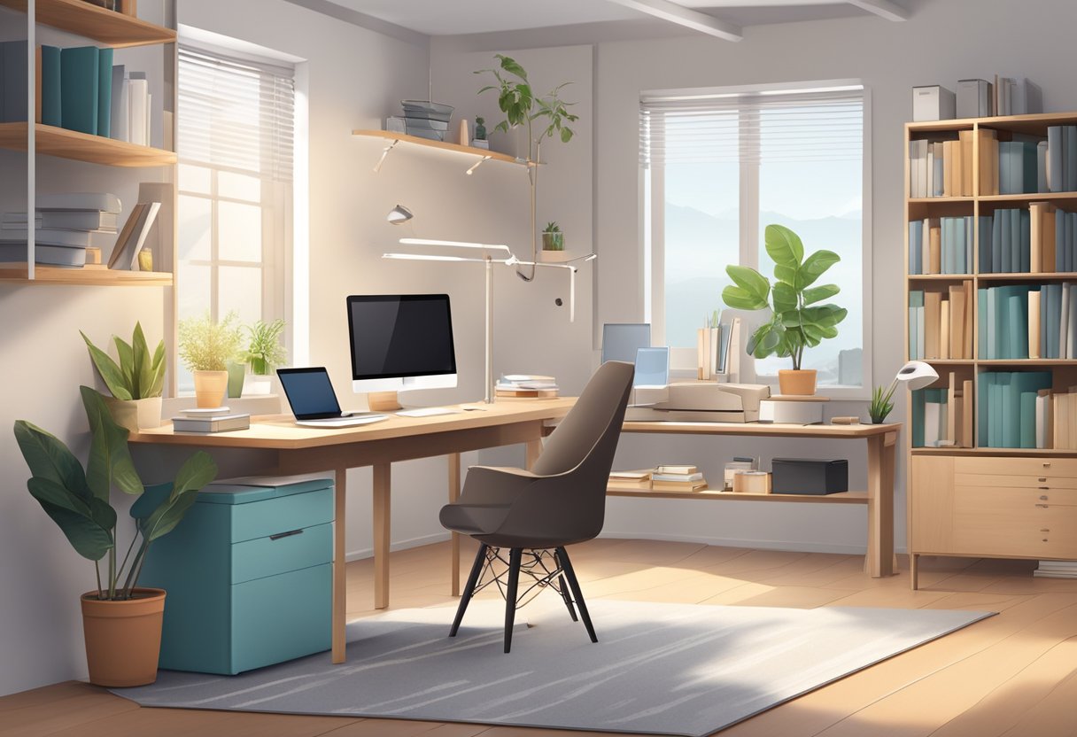 A well-lit room with a spacious study table, ergonomic chair, and storage compartments. A laptop, books, and stationary are neatly arranged on the table