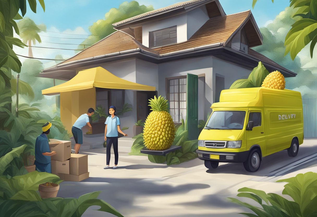 A delivery van pulls up to a house, and a durian fruit is being handed over to a customer by a delivery person