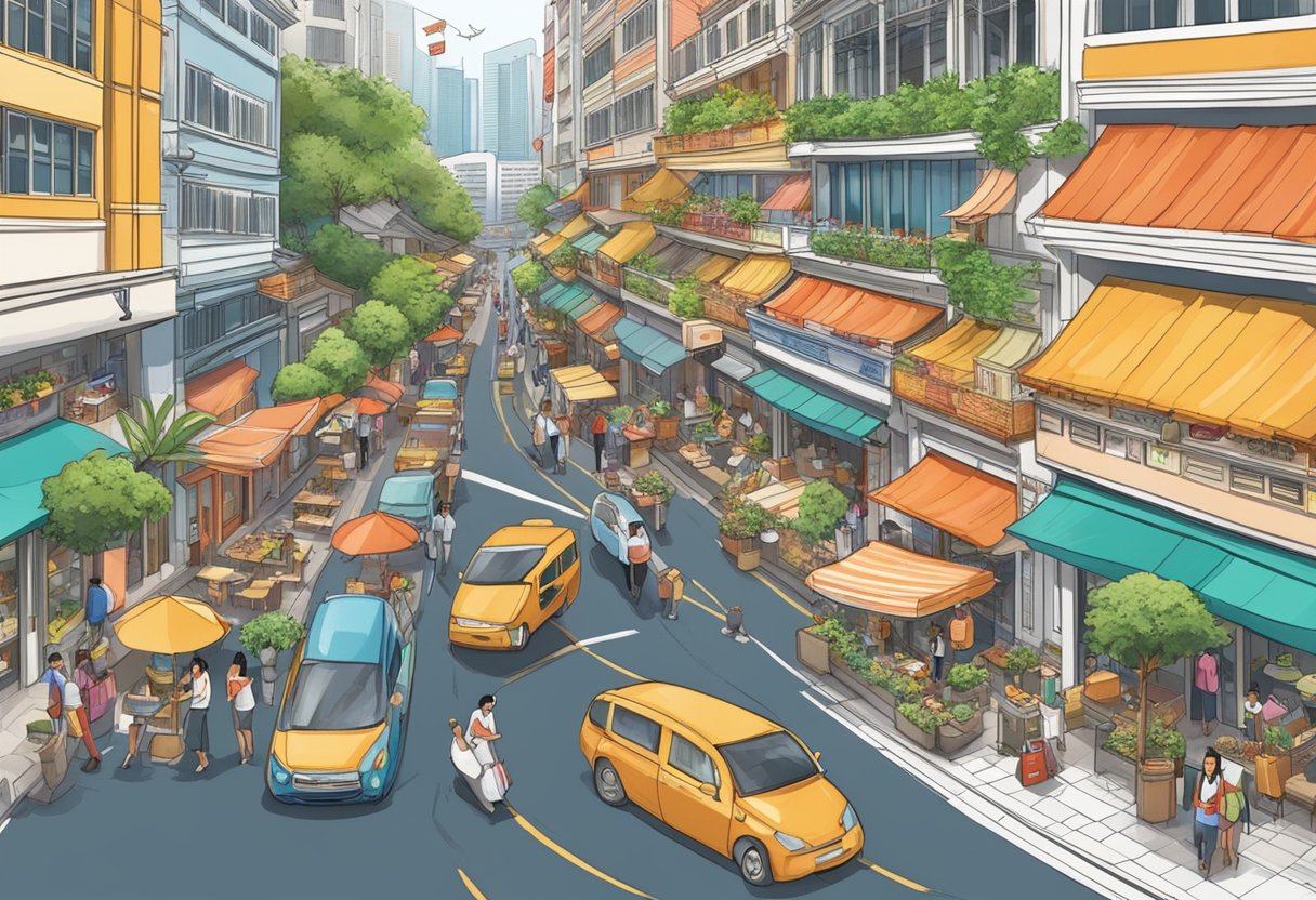 A bustling street lined with diverse restaurants, each with its own unique concept and design, showcasing the vibrant culinary scene of Singapore
