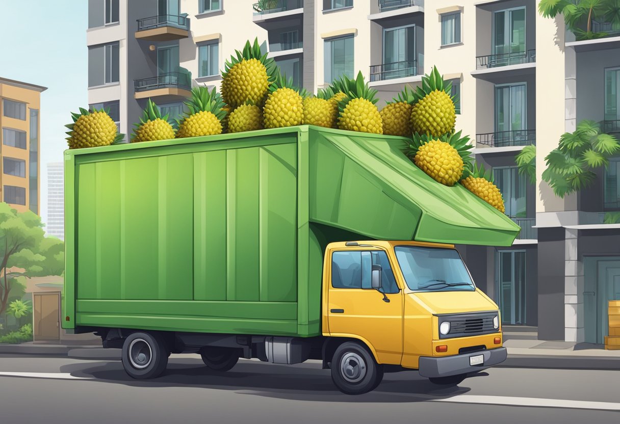 A delivery truck parked outside a residential building, with a driver unloading boxes of durian fruit