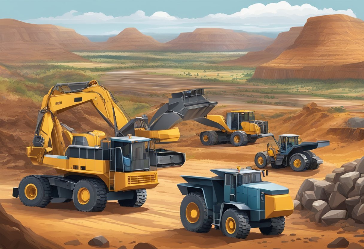 A bustling mining site with heavy machinery and workers, set against a backdrop of remote Australian landscapes and rugged terrain