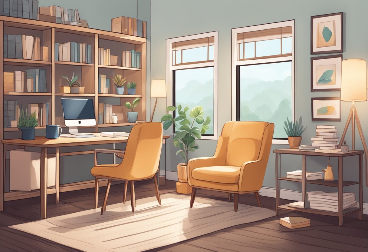 A cozy office with soft lighting, comfortable chairs, and calming decor. A desk with a notepad and pen, and a bookshelf filled with therapeutic resources