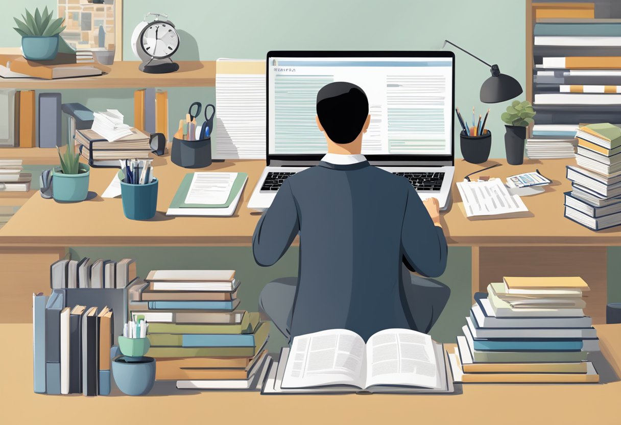 A person sitting at a desk, looking at a laptop with the words "Therapist Singapore" on the screen, surrounded by books and papers